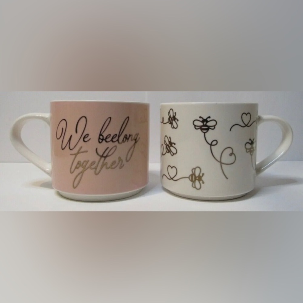 COCO + LOLA Bee Mugs Set of 2 Flying Gold Bees & Pink "We Belong Together"